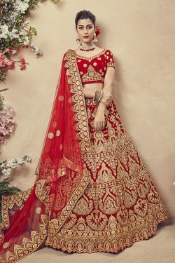 Lovely Red Velvet Embroidered Bridal Lehenga Choli