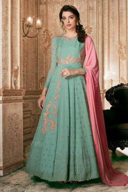 Desirable Turquoise Georgette Embroidered Designer Anarkali Salwar Suit With Nazmin Dupatta