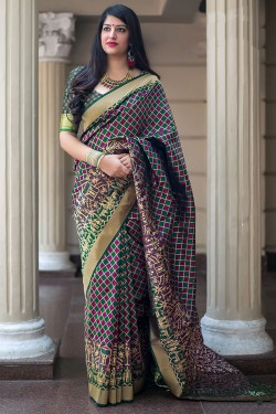 Pretty Maroon and Green Banarasi Silk Printed Designer Saree With Banarasi Silk Blouse