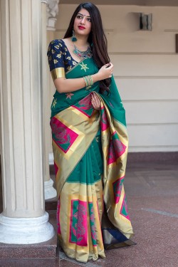 Goraceful Green Banarasi Silk Printed Designer Saree With Banarasi Silk Blouse