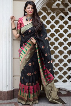 Beautiful Black Banarasi Silk Printed Designer Saree With Banarasi Silk Blouse