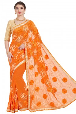 Supreme Orange Georgette Embroidered Casual Saree With Bnaglori Silk Blouse