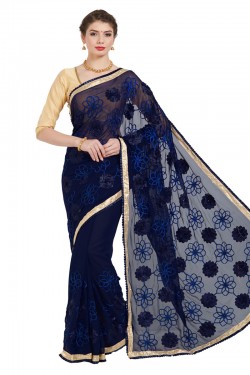 Ultimate Navy Blue Georgette Embroidered Casual Saree With Bnaglori Silk Blouse