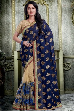 Excellent Navy Blue Silk Embroidered Designer Saree With Silk Blouse