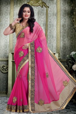 Lovely Pink Chiffon Embroidered Designer Saree With Silk Blouse