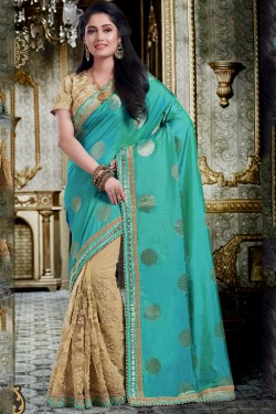 Charming Turquoise and Cream Silk Embroidered Designer Saree With Silk Blouse