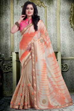 Beautiful Cream Viscose Embroidered Designer Saree With Silk Blouse
