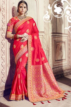 Supreme Peach Banarasi Silk Embroidered Designer Saree With Silk Blouse