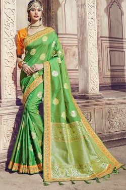 Ultimate Green Banarasi Silk Embroidered Designer Saree With Silk Blouse