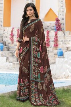 Admirable Brown Georgette Printed Casual Saree With Georgette Blouse