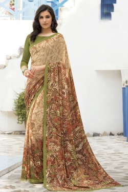 Gorgeous Brown Georgette Printed Casual Saree With Georgette Blouse