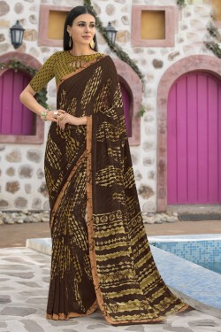 Ultimate Brown Georgette Printed Casual Saree With Georgette Blouse