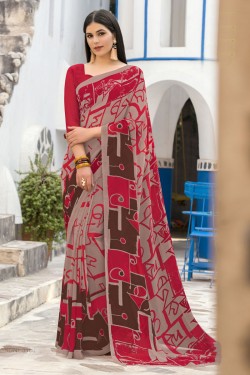 Beautiful Grey and Maroon Georgette Printed Casual Saree With Georgette Blouse
