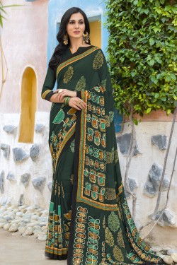 Classic Green Georgette Printed Casual Saree With Georgette Blouse