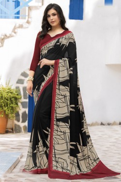 Admirable Black Georgette Printed Casual Saree With Georgette Blouse