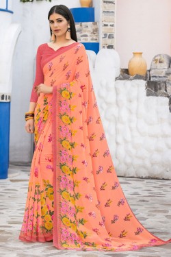 Ultimate Peach Georgette Printed Casual Saree With Georgette Blouse