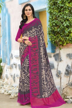 Classic Grey and Pink Georgette Printed Casual Saree With Georgette Blouse