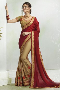 Classic Maroon and Golden Georgette Embroidered Saree With Silk Blouse