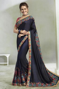 Admirable Blue Georgette Embroidered Saree With Silk Blouse