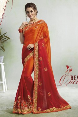 Supreme Red and Orange Georgette Embroidered Saree With Jacquard Blouse