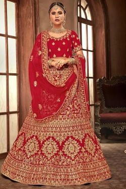 Charming Red Velvet Designer Embroidered Bridal Lehenga Choli With Net Dupatta