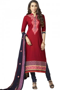Karisma Kapoor Charming Red Cotton Embroidered Salwar Suit With Nazmin Dupatta