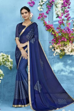 Desirable Blue Chiffon Printed Saree With Jacquard Blouse