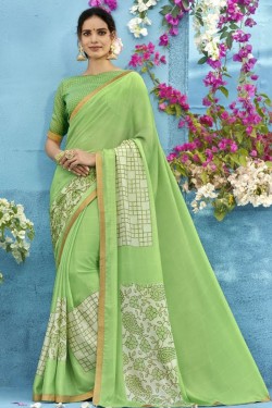 Beautiful Green Chiffon Printed Saree With Chiffon Blouse