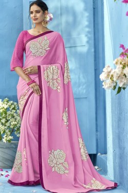 Admirable Pink Chiffon Printed Saree With Chiffon Blouse