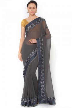 Excellent Black Georgette Embroidered Saree With Jacquard Blouse