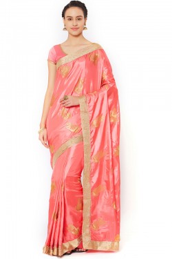 Lovely Peach Silk Embroidered Saree With Jacquard Blouse