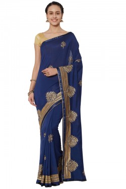 Admirable Navy Blue Georgette Embroidered Saree With Banglori Silk blouse