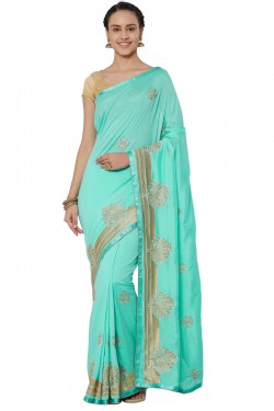 Graceful Turquoise Georgette Embroidered Saree With Banglori Silk blouse
