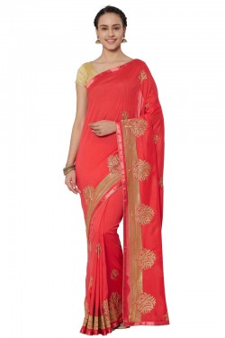 Charming Red Georgette Embroidered Saree With Jacquard Blouse