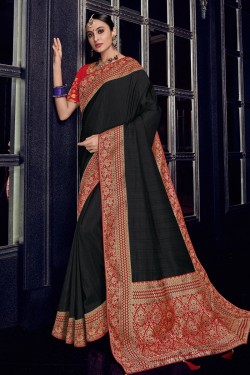 Stylish Black Silk Embroidered Saree With Silk Blouse