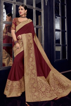 Pretty Maroon Silk Embroidered Saree With Silk Blouse