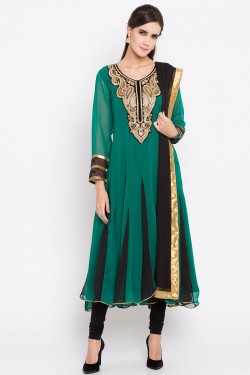 Classic Green Faux Georgette Plus Size Readymade Salwar Suit With Faux Chiffon Dupatta