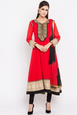 Desirable Red Faux Georgette Party Wear Plus Size Readymade Salwar Suit With Faux Chiffon Dupatta