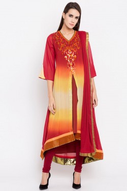 Pretty Red Faux Georgette Plus Size Readymade Salwar Suit With Faux Chiffon Dupatta