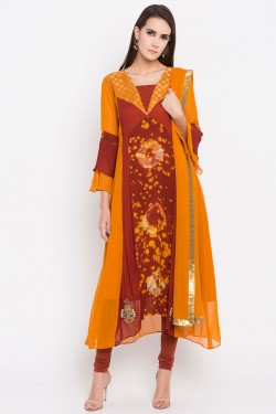 Stylish Mustard Faux Georgette Plus Size Readymade Salwar Suit With Faux Chiffon Dupatta