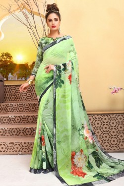 Lovely Green Brasso Printed Saree With Weightless Fabric
