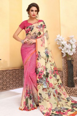 Pretty Pink and Cream Brasso Printed Saree With Weightless Fabric