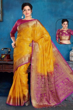Lovely Yellow and Pink Art Silk Jaquard Work Saree With Art Silk Blouse