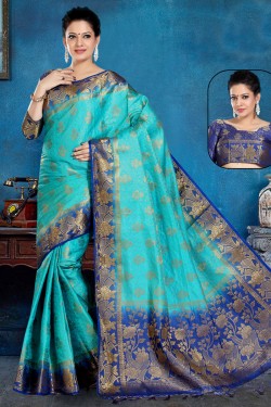 Stylish Sky Blue and Blue Art Silk Jaquard Work Saree With Art Silk Blouse