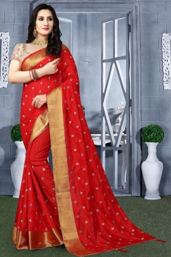 Admirable Red Resham Embroidered Saree With Resham Blouse