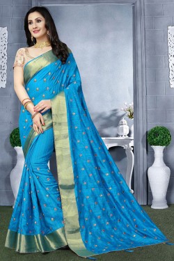 Pretty Sky Blue Resham Embroidered Saree With Resham Blouse