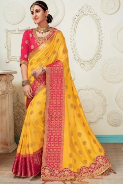 Admirable Yellow Silk Embroidered Saree With Silk Blouse