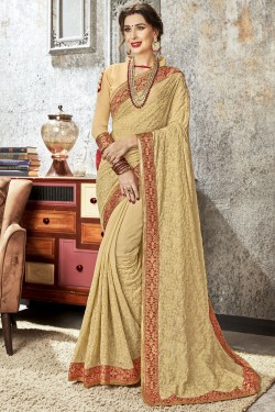 Lovely Beige Chiffon Embroidered Saree With Banglori Silk Blouse