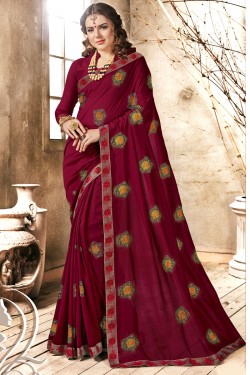 Lovely Maroon Georgette Embroidered Saree With Banglori Silk Blouse