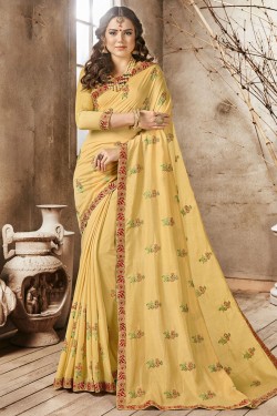 Gorgeous Yellow Georgette Embroidered Casual Saree With Banglori Silk Blouse